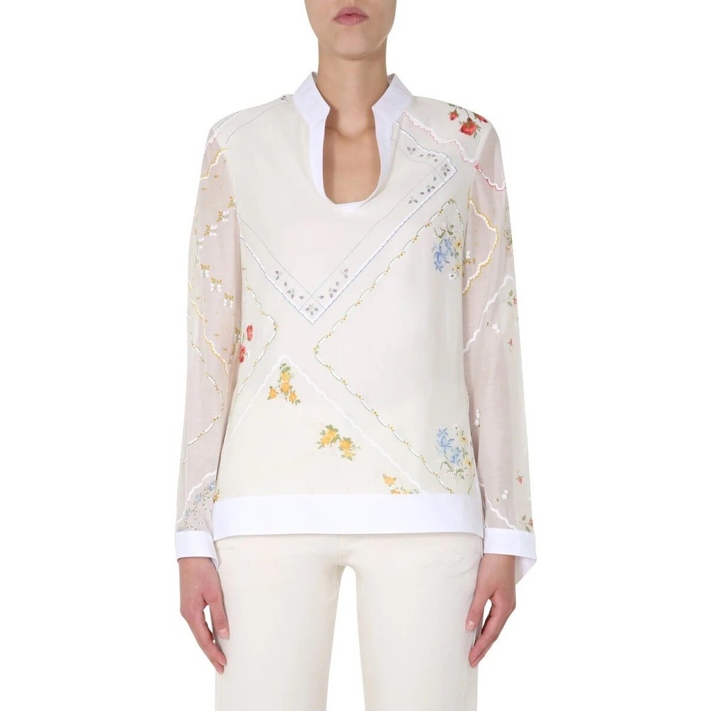 Tory Burch Handkerchief Embroidered Tunic Floral Print Split Neck Top Size 2